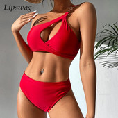 Brazil Podstavljeni Push Up Odjeća za plažu visokog struka Seksi jednobojni ženski kupaći kostim, modni dvodijelni dvodijelni kosi ovratnik na jedno rame