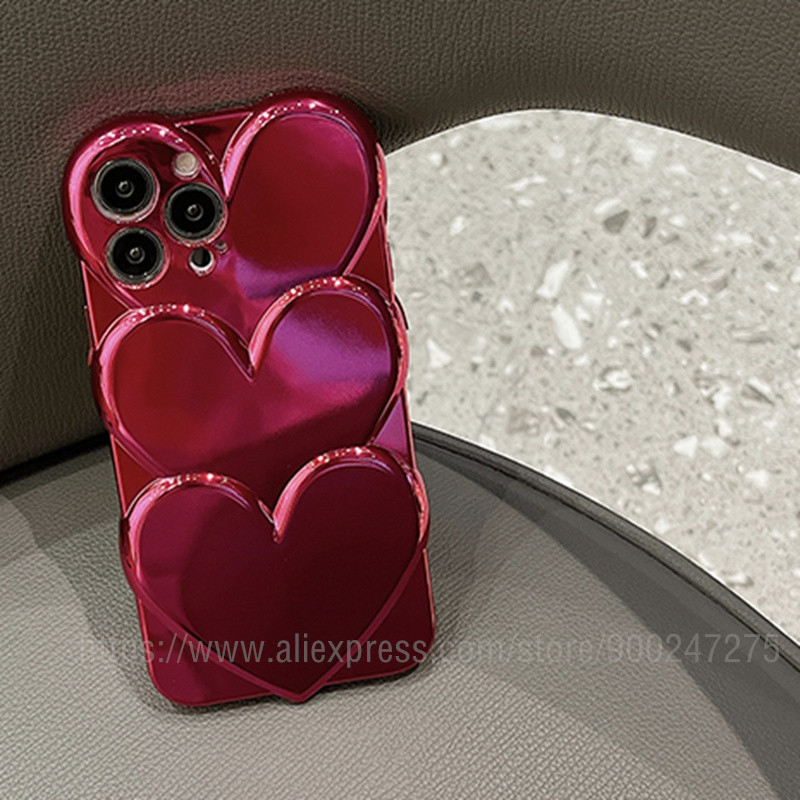 Barbie Plated Rose Red Heart Sweet Cool Girl για iPhone 14 13 12 Pro Max Plus 11 Superimpose Big Love Cute 3D Candy Glossy Etui