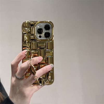 Луксозна гривна с покритие 3D квадратна ретро позлатена каишка за китка за iPhone 14 13 12 Pro Max 11 XS XR Mini 7 8 Plus