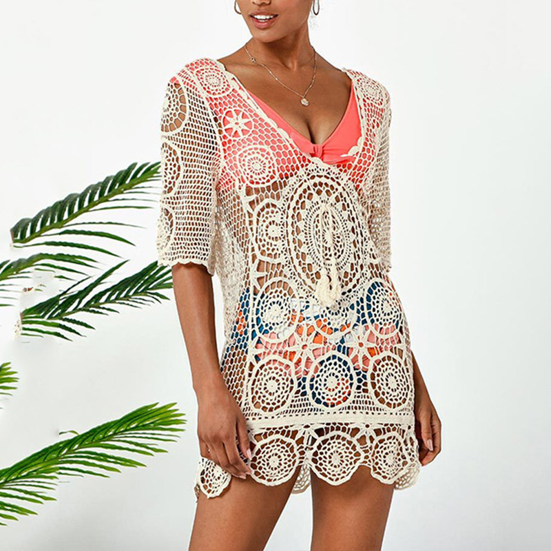 Női áttetsző takaró ruha Strandruha rövid ujjú geometrikus szexi nyári horgolt tunika strandruha női fürdőruha