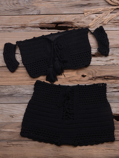 2022New Fashion Σετ μπικίνι παραλίας πλέξιμο μαγιό κροσέ Bohemia Style Off Shoulder Bathing Χειροποίητες φούντες Σέξι σουτιέν μπικίνι