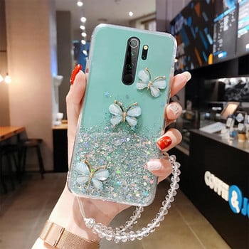 Θήκη τηλεφώνου Bling Butterfly Glitter Lanyard σιλικόνης για Xiaomi Redmi 9C 9A Note11 10 9 8 Pro Poco M3 X3 M4 Pro Shiny Cover Coque