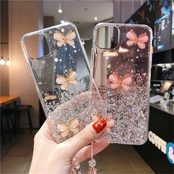 Θήκη τηλεφώνου Bling Butterfly Glitter Lanyard σιλικόνης για Xiaomi Redmi 9C 9A Note11 10 9 8 Pro Poco M3 X3 M4 Pro Shiny Cover Coque