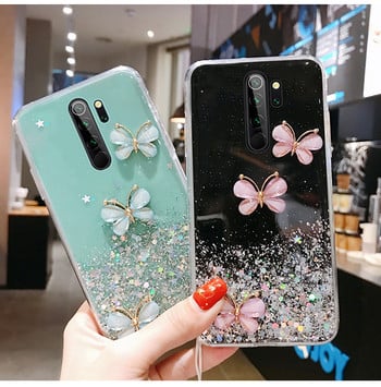 Θήκη τηλεφώνου Bling Butterfly Glitter Lanyard σιλικόνης για Xiaomi Redmi 9C 9A Note11 10 9 8 Pro Poco M3 X3 M4 Pro Shiny Cover Coque