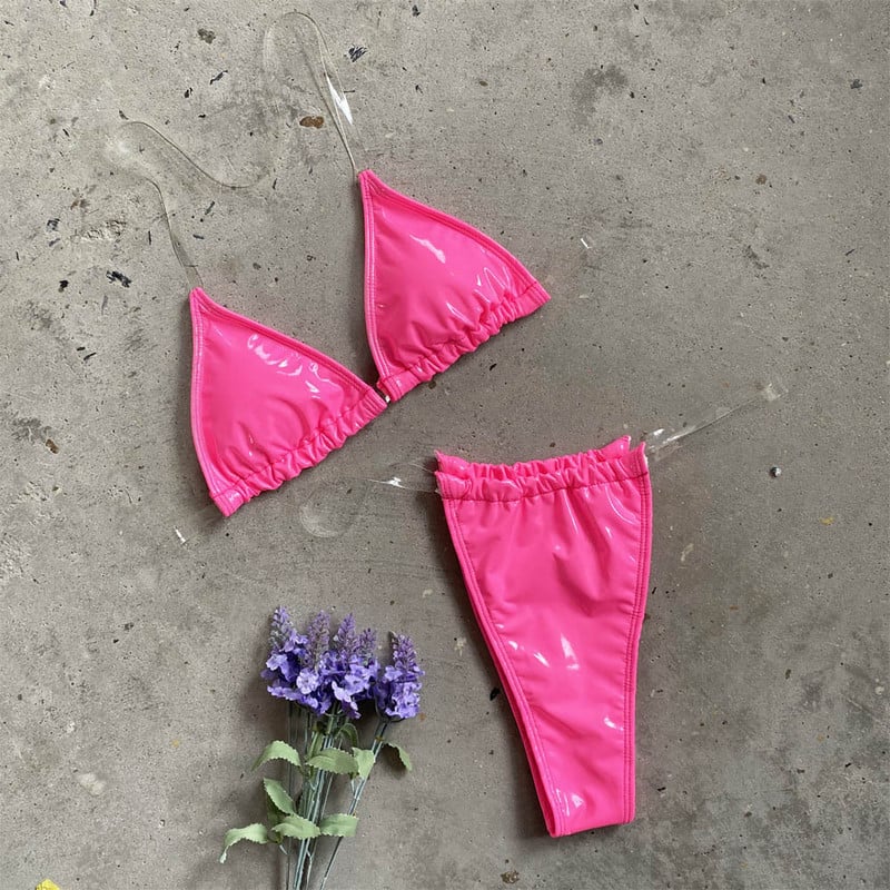 Microbikini transparent 2022 pentru femei, sexy, din piele PU, neon, negru, costum de baie cu push up, costum de baie, cu bretele transparente, costum de baie cu tanga