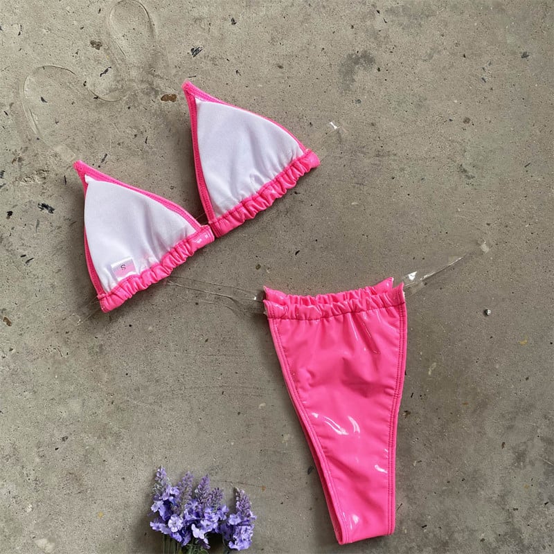 Microbikini transparent 2022 pentru femei, sexy, din piele PU, neon, negru, costum de baie cu push up, costum de baie, cu bretele transparente, costum de baie cu tanga