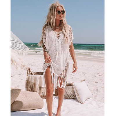 Κάλυμμα μπικίνι 2023 με λευκό βελονάκι Μίνι φόρεμα σέξι κούφιο έξω Γυναικεία καλοκαιρινά ρούχα Κάλυμμα για μαγιό παραλίας