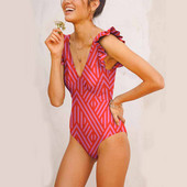 Νέο βολάν 2022 Deep V ανοιχτό πίσω βολάν μονοκόμματο μαγιό Μόδα Colorblock ριγέ μπικίνι Slim ψηλόμεσο χωρίς ραφή συνονθύλευμα