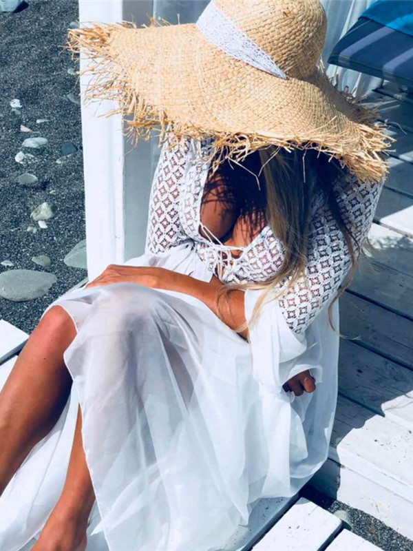 Seksikas läbipaistev bikiinide kattekiht, pikk valge pitstuunika naiste suveriided V-kaelusega võrkkleit rannariietus ujumistrikoo Cover Up Q589