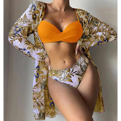 3-dijelni bikini kompleti Ženski ljetni seksi bikiniji s niskim strukom, prikrivanje kupaćih kostima s cvjetnim motivima, ženski brazilski kupaći kostim za plažu