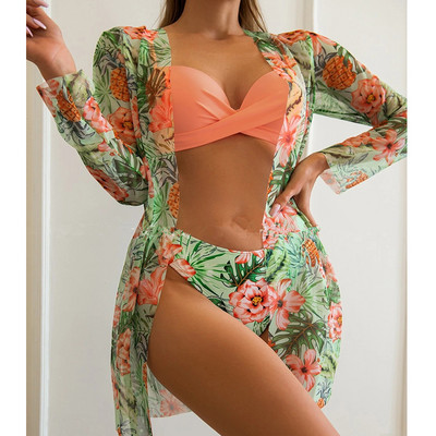 3-dijelni bikini kompleti Ženski ljetni seksi bikiniji s niskim strukom, prikrivanje kupaćih kostima s cvjetnim motivima, ženski brazilski kupaći kostim za plažu