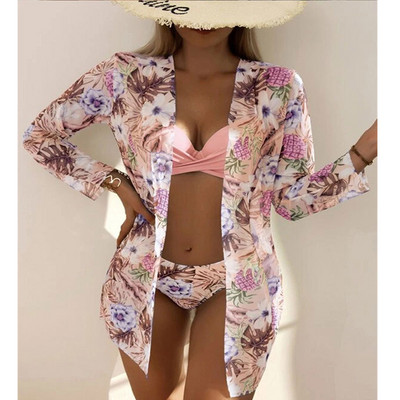 3-dijelni bikini kompleti Ženski ljetni seksi bikiniji s niskim strukom, prikrivanje kupaćih kostima s cvjetnim motivima, ženski brazilski kupaći kostim za plažu