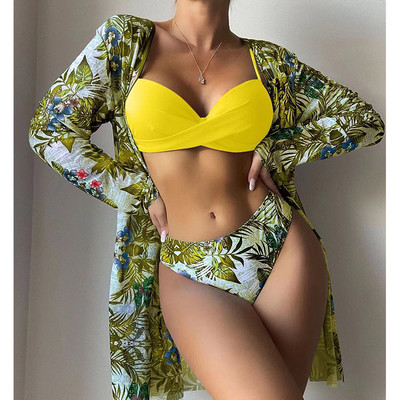 3-dijelni bikini kompleti Ženski ljetni seksi bikiniji s niskim strukom, prikrivanje kupaćih kostima s cvjetnim motivima, ženski brazilski kupaći kostim za plažu