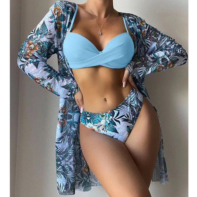 3-dijelni bikini kompleti Ženski ljetni seksi bikiniji s niskim strukom, prikrivanje kupaćih kostima s cvjetnim motivima, ženski brazilski kupaći kostim za plažu