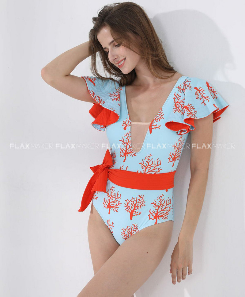 Egyrészes fodros bikini, V-nyakú, kivágott fürdőruha mintás magas derekú, vékony hát nélküli nyaralási strandruha Seamless Patchwork fürdőruha
