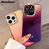 Луксозен Glitter Aurora Starry Gradient Case за iPhone 14 13 12 11 Pro Max Plus Mini Plating Camera Удароустойчив прозрачен брониран капак