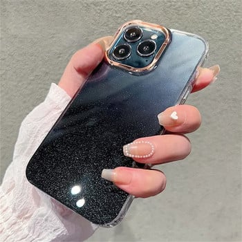 Луксозен Glitter Aurora Starry Gradient Case за iPhone 14 13 12 11 Pro Max Plus Mini Plating Camera Удароустойчив прозрачен брониран капак