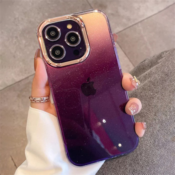 Луксозен Glitter Aurora Starry Gradient Case за iPhone 14 13 12 11 Pro Max Plus Mini Plating Camera Удароустойчив прозрачен брониран капак