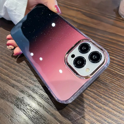 Луксозен Glitter Aurora Starry Gradient Case за iPhone 14 13 12 11 Pro Max Plus Mini Plating Camera Удароустойчив прозрачен брониран капак