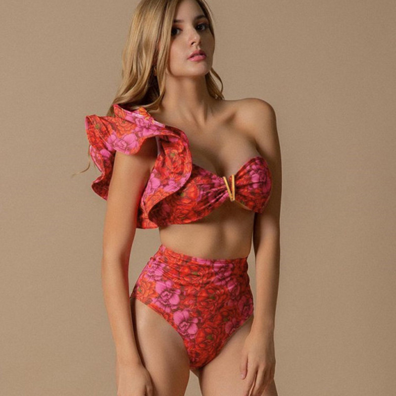 Egy vállú fürdőruha Magas derekú y2k Bikini Sárga Szín Külön fürdőruha Úszóruhák Fürdőruha Nyári Strandruha