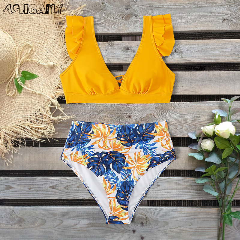 2022 Bikini cu talie înaltă Costum de baie pentru femei Costum de baie imprimeu Costume din două piese pentru femeie Push Up Costum de baie cu tăietură în V de vară biquini cu cordon