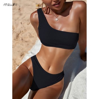 2022 Μαγιό με ραβδώσεις One Shoulder Bikini Soild Μαγιό Φθορίζον χρώμα Μαγιό Ψηλοπόδι Γυναικείο μαγιό