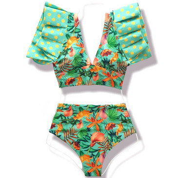 V-nyakú bikini, fodros fürdőruha High Wait bikini 2022 nyomtatott fürdőruha Női szexi push up fürdőruha Strandruha