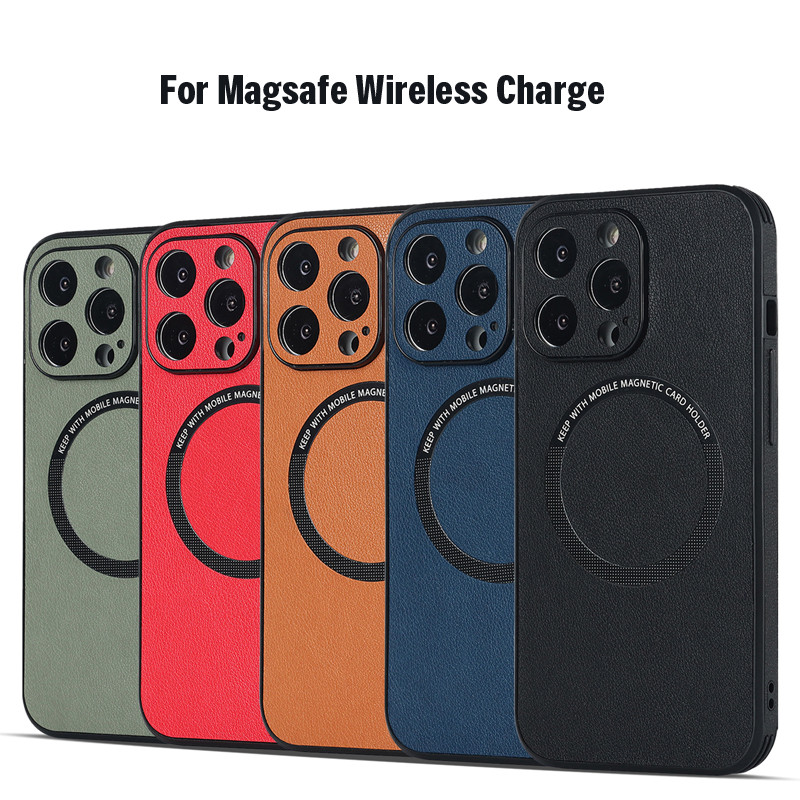 Кожен магнитен калъф за безжично зареждане Magsafe за iPhone 14 13 12 11 Pro Max XS XR X 8 7 Plus Mac Safe Full Protective Cover