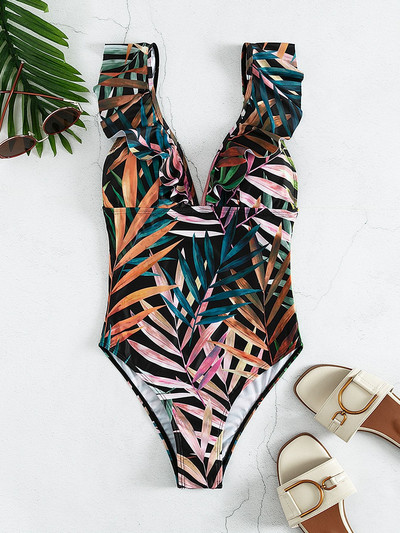 2022 m. Moterų raukinis raukinamas vientisas maudymosi kostiumėlis su paminkštintas maudymosi kostiumėlis Vientisas tropinių lapų maudymosi kostiumėlis vasaros maudymosi kostiumėlis Monokini Naujas