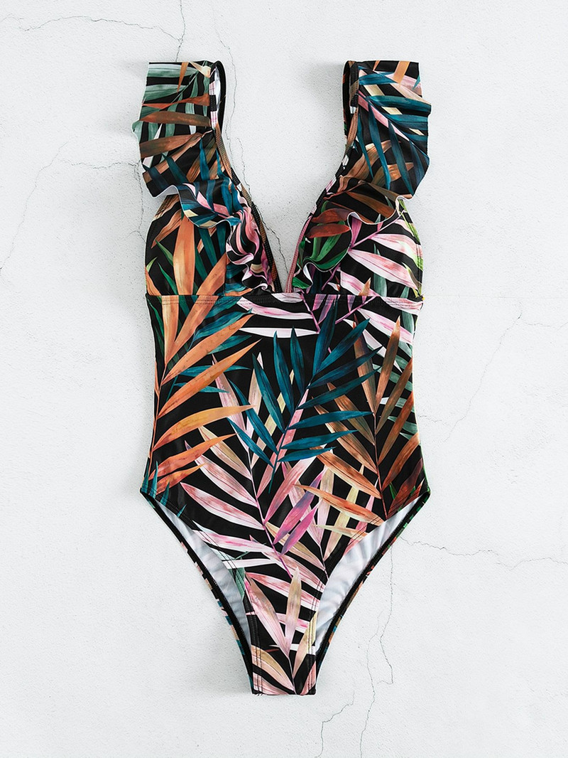 2022 m. Moterų raukinis raukinamas vientisas maudymosi kostiumėlis su paminkštintas maudymosi kostiumėlis Vientisas tropinių lapų maudymosi kostiumėlis vasaros maudymosi kostiumėlis Monokini Naujas