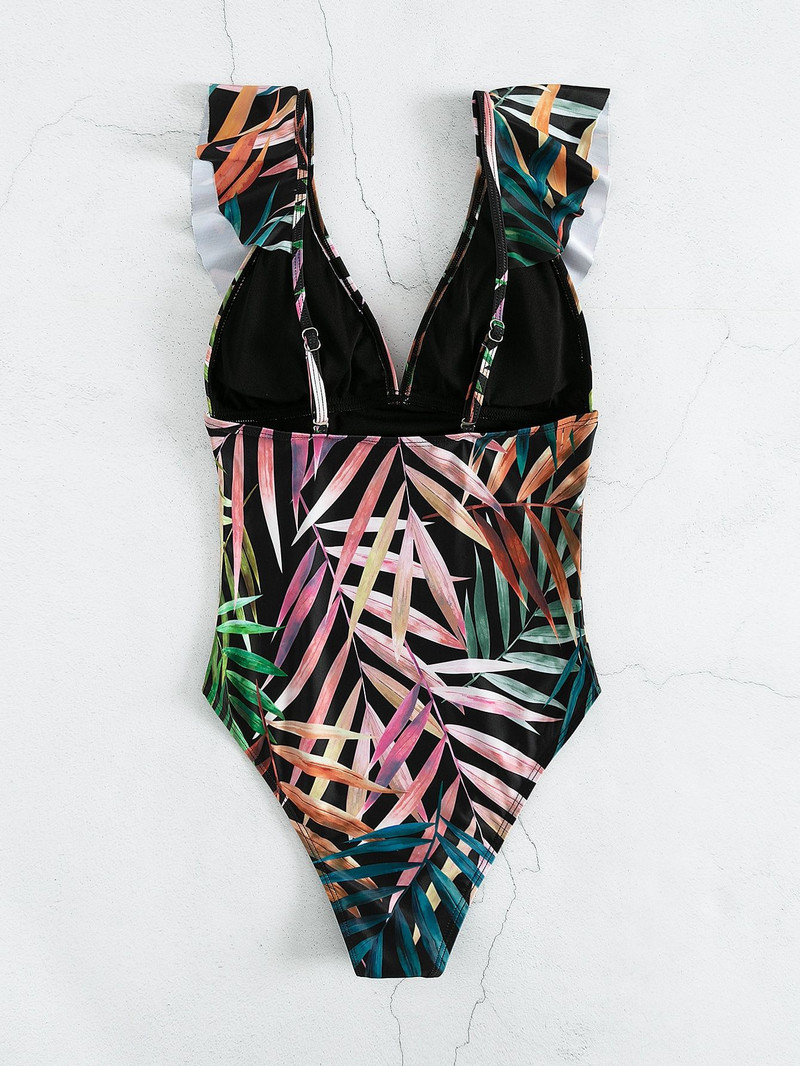 2022 m. Moterų raukinis raukinamas vientisas maudymosi kostiumėlis su paminkštintas maudymosi kostiumėlis Vientisas tropinių lapų maudymosi kostiumėlis vasaros maudymosi kostiumėlis Monokini Naujas