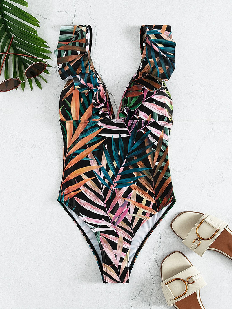 2022 m. Moterų raukinis raukinamas vientisas maudymosi kostiumėlis su paminkštintas maudymosi kostiumėlis Vientisas tropinių lapų maudymosi kostiumėlis vasaros maudymosi kostiumėlis Monokini Naujas