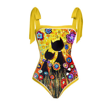 Fashion Cat Print One Piece Σετ μαγιό Tankini Γυναικείο Φόρεμα για διακοπές στην παραλία Μαγιό Patchwork Fitness Yellow With Cover Up