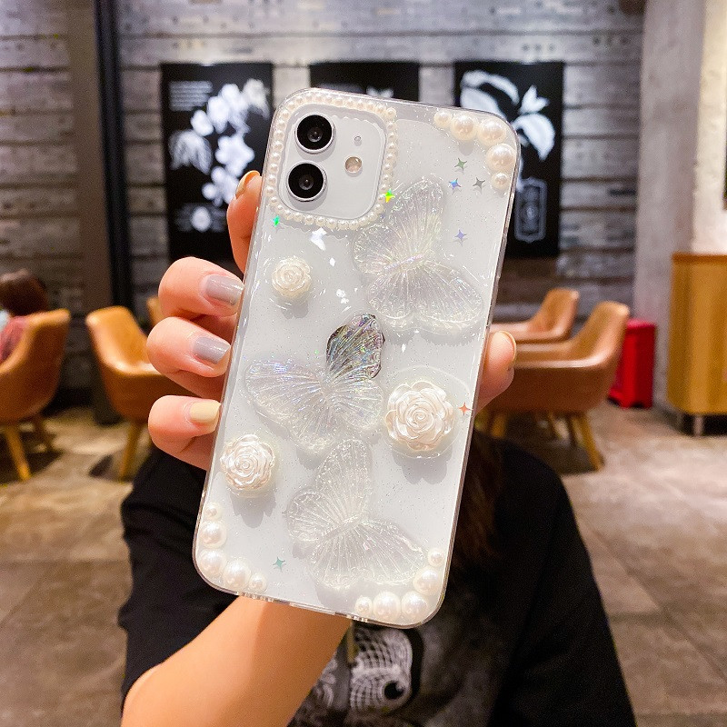 Clear Drops of Glue Glitter Τρισδιάστατη θήκη τηλεφώνου Butterfly για IPhone 14 Plus 13 Pro 12 Mini 11 Pro Max X Xs XR Cover