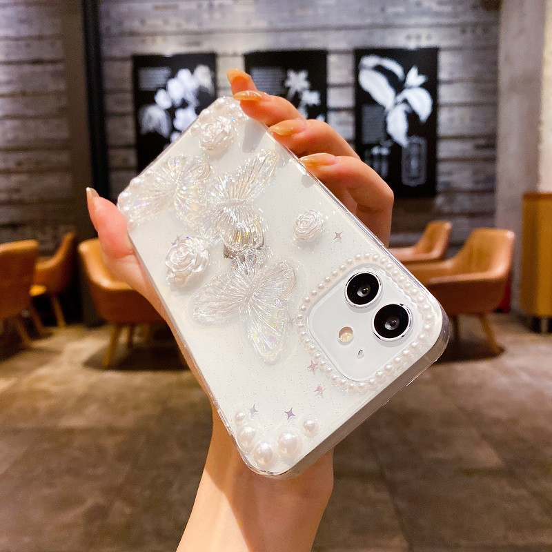 Clear Drops of Glue Glitter Τρισδιάστατη θήκη τηλεφώνου Butterfly για IPhone 14 Plus 13 Pro 12 Mini 11 Pro Max X Xs XR Cover