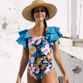 Ženski retro novi plavi cvjetni bikini set s volanima, dizajnerski kupaći kostim za plažu, ljetna odjeća za surfanje