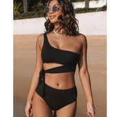 Crni bikini set s vezanjem na jedno rame i struk, praznični kupaći kostim za djevojčice, seksi Monokini s izrezima bez leđa