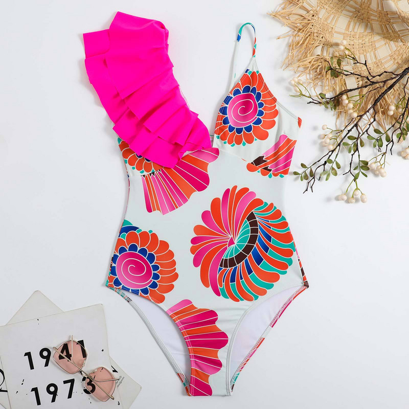 2023-as új szexi retro mintás egyrészes fürdőruha női fodros fürdőruha Push Up fürdőruha Leaf Beach Wear Monokini Body