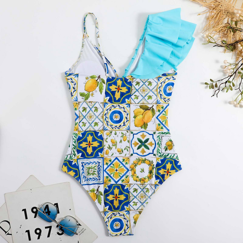 2023-as új szexi retro mintás egyrészes fürdőruha női fodros fürdőruha Push Up fürdőruha Leaf Beach Wear Monokini Body