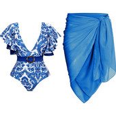 Deep V Ruffle Print Γυναικείο Ολόσωμο Μαγιό με Φούστα Μαγιό Cover Up Retro Holiday Beach Φόρεμα εξώπλατο Καλοκαιρινό κομψό