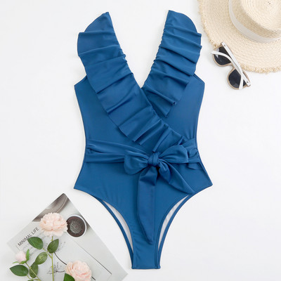 2022 V nyakú Tummy Control egyrészes női fürdőruha, fodros pólyás fürdőruha Vintage Monokini Green Beach fürdőruha Body