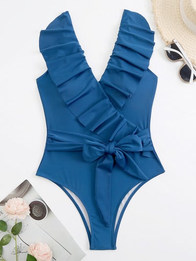 2022 V nyakú Tummy Control egyrészes női fürdőruha, fodros pólyás fürdőruha Vintage Monokini Green Beach fürdőruha Body