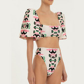 Retro kvadratinės kaklo trumpos pūstos rankovės Vienos dalies plonas maudymosi kostiumėlis aukštu juosmeniu Madingi paplūdimio drabužiai, besiūliai susiuvami atsispaudimai, 2022 m.