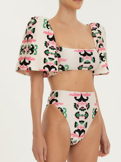 Retro kvadratinės kaklo trumpos pūstos rankovės Vienos dalies plonas maudymosi kostiumėlis aukštu juosmeniu Madingi paplūdimio drabužiai, besiūliai susiuvami atsispaudimai, 2022 m.