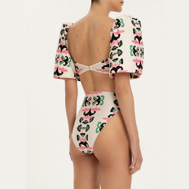 Retro kvadratinės kaklo trumpos pūstos rankovės Vienos dalies plonas maudymosi kostiumėlis aukštu juosmeniu Madingi paplūdimio drabužiai, besiūliai susiuvami atsispaudimai, 2022 m.