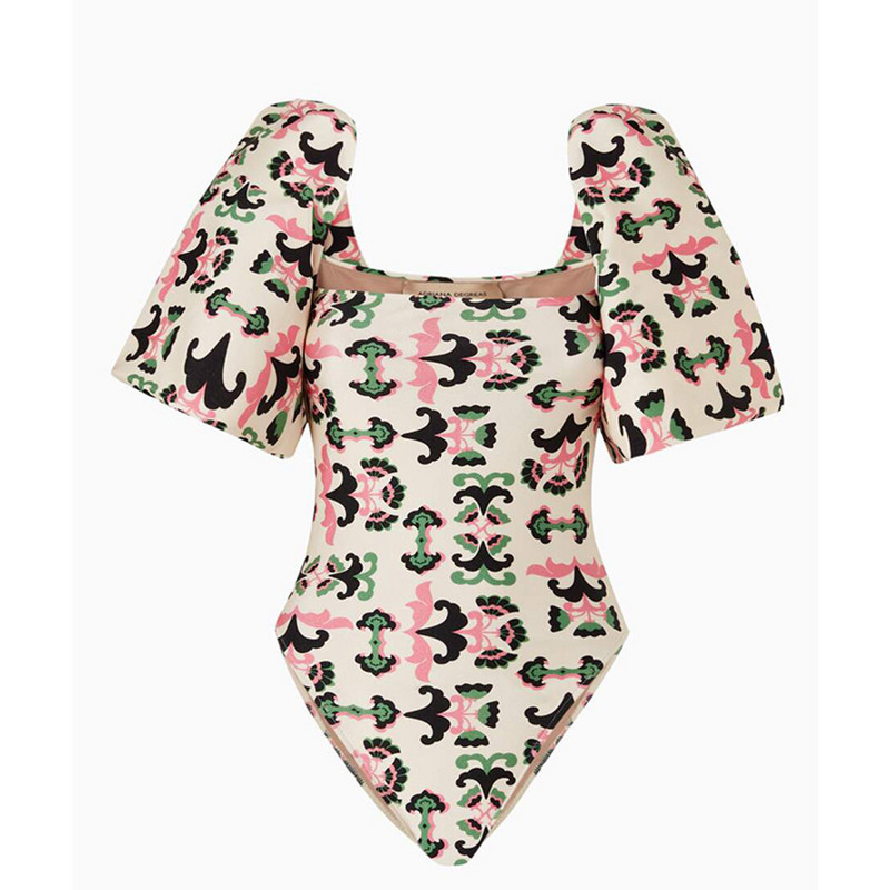 Retro kvadratinės kaklo trumpos pūstos rankovės Vienos dalies plonas maudymosi kostiumėlis aukštu juosmeniu Madingi paplūdimio drabužiai, besiūliai susiuvami atsispaudimai, 2022 m.