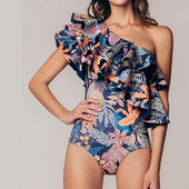 Fashion Ruffle Σετ μπικίνι Ολόσωμο μαγιό Vintage the Shoulder Γυναικείο μαγιό Φύλλα εμπριμέ μπικίνι παραλίας