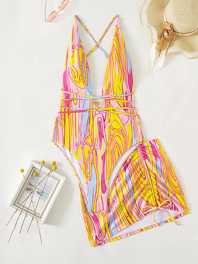 String fürdőruha, szexi női csíkos, hát nélküli fürdőruha strandszoknyával, 2022, új, mélyen dekoltált, keresztezett fürdőruha, egyrészes