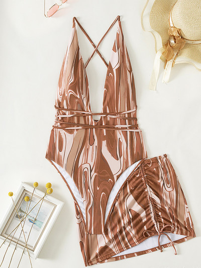 String fürdőruha, szexi női csíkos, hát nélküli fürdőruha strandszoknyával, 2022, új, mélyen dekoltált, keresztezett fürdőruha, egyrészes