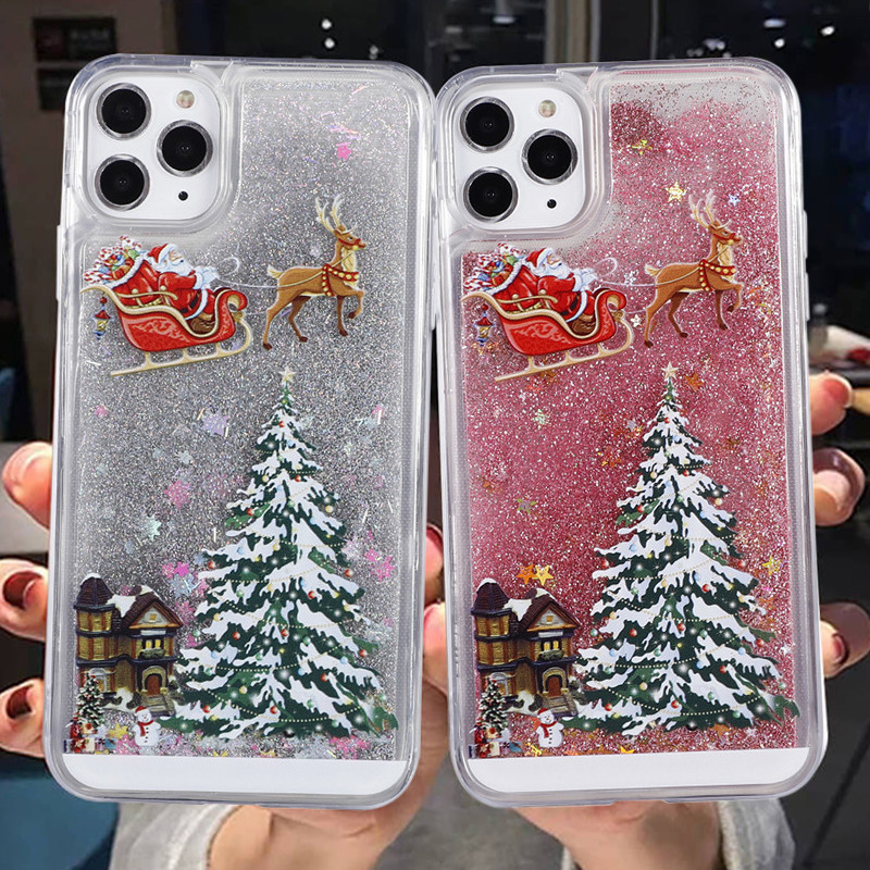 Весела Коледа Калъф за телефон за iPhone 12 11 13 SE 2 11Pro Max XR XS Max X 7 8 6S Plus 11Pro Dynamic Quicksand Glitter заден капак